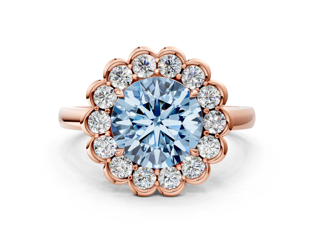 Rose gold Fancy Blue Round  Halo Cluster Diamond Engagement Ring with Solitaire Band and Prong Setting_50