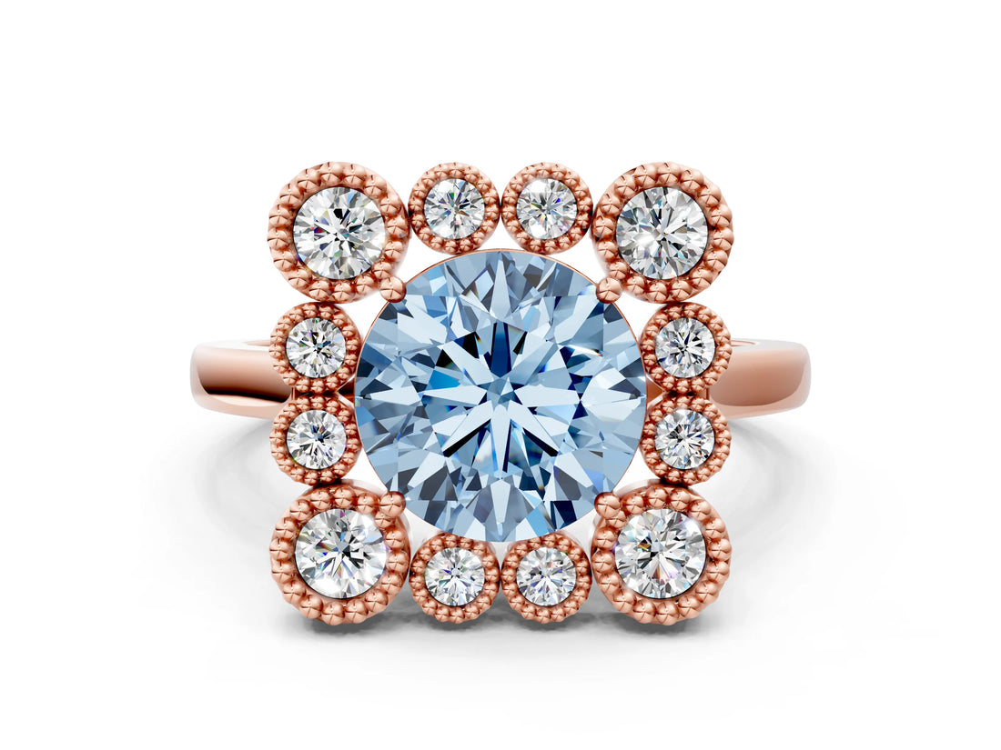 Rose gold Fancy Blue Round  Halo Diamond Cluster Engagement Ring with Milgrain Bezel Setting and Solitaire Band_67