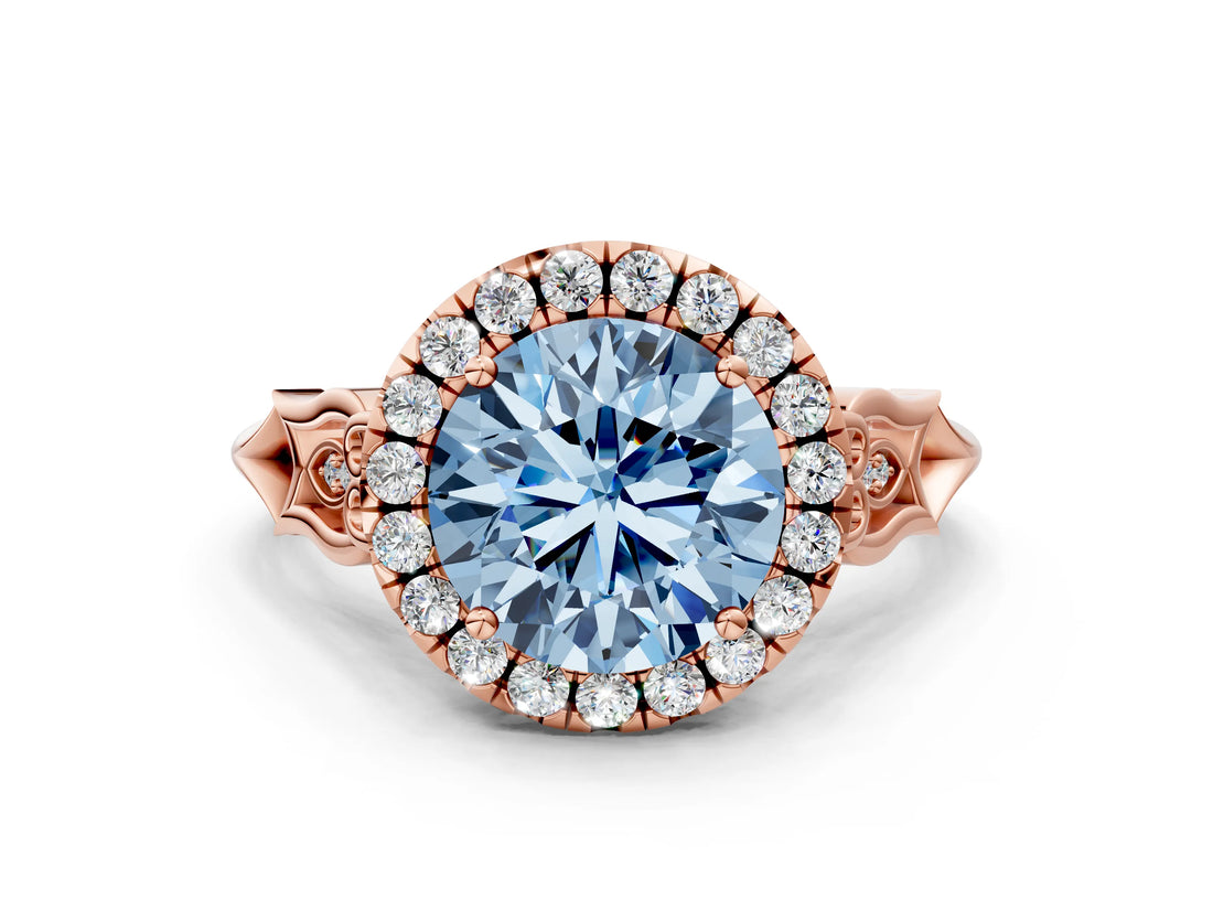 Rose gold Fancy Blue Round  Halo Diamond Engagement Ring with Filigree Band and Four-Prong Setting_93