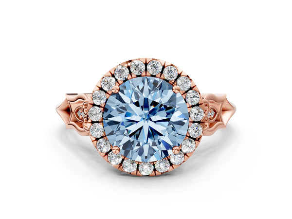 Rose gold Fancy Blue Round  Halo Diamond Engagement Ring with Filigree Band and Four-Prong Setting