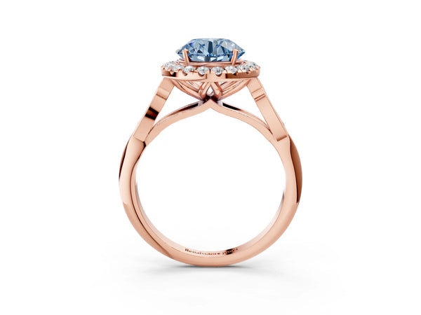 Rose gold Fancy Blue Round  Halo Diamond Engagement Ring with Filigree Band and Four-Prong Setting