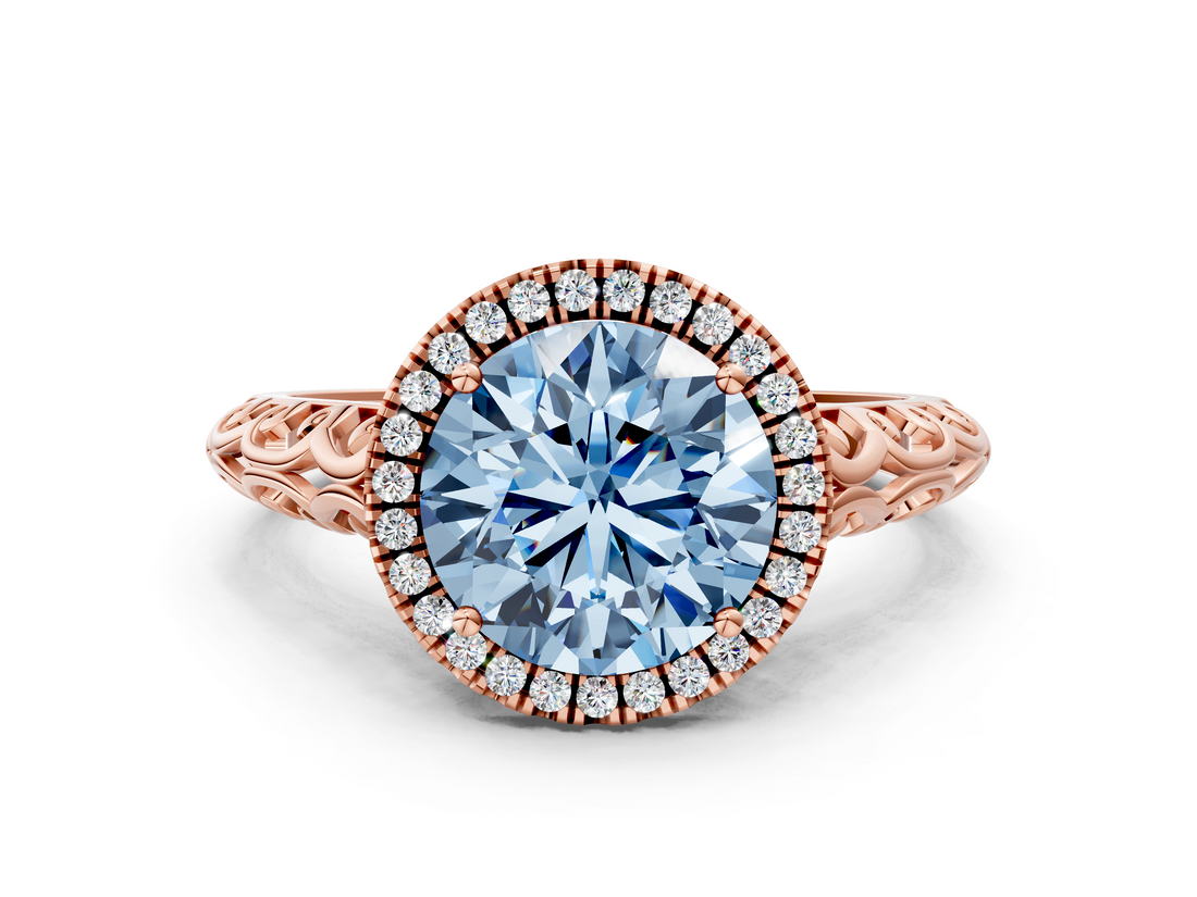 Rose gold Fancy Blue Round  Halo Diamond Engagement Ring with Intricate Filigree Band and Four-Prong Setting_37