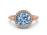 Rose gold Fancy Blue Round  Halo Diamond Engagement Ring with Intricate Filigree Band and Four-Prong Setting_37