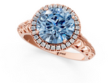 Rose gold Fancy Blue Round  Halo Diamond Engagement Ring with Intricate Filigree Band and Four-Prong Setting_38