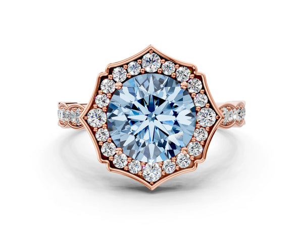 Rose gold Fancy Blue Round  Halo Diamond Engagement Ring with Milgrain Band and Four-Prong Setting
