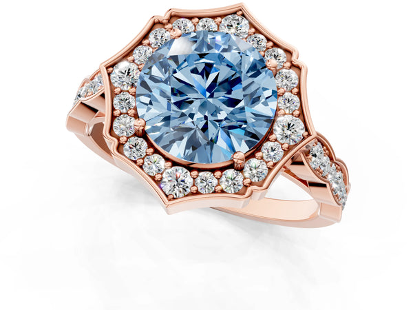 Rose gold Fancy Blue Round  Halo Diamond Engagement Ring with Milgrain Band and Four-Prong Setting