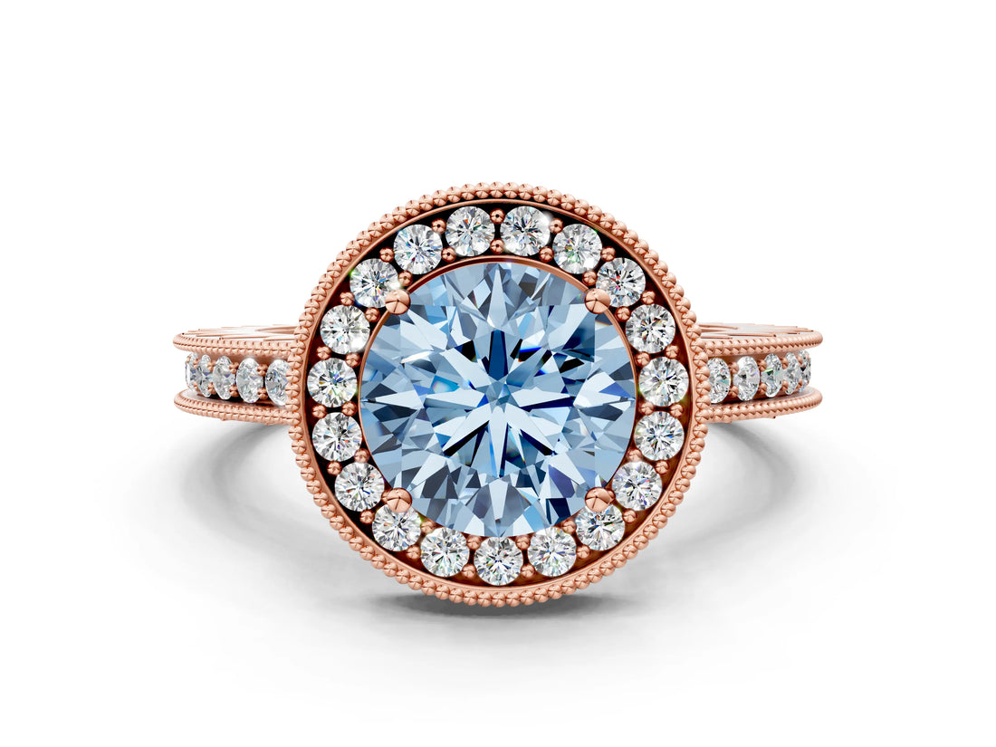 Rose gold Fancy Blue Round  Halo Diamond Engagement Ring with Milgrain Pave Band and Four-Prong Setting_135
