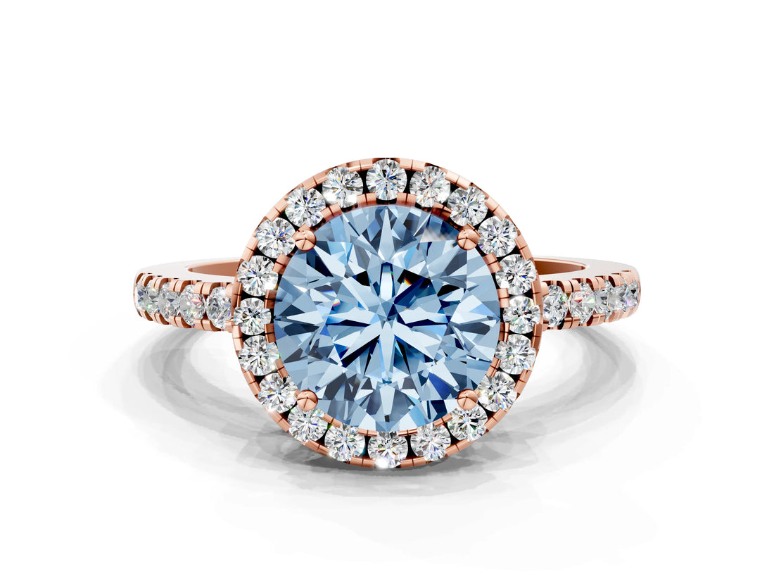 Rose gold Fancy Blue Round  Halo Diamond Engagement Ring with Pavé Band and Four-Prong Setting_87