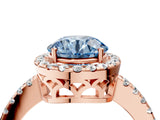 Rose gold Fancy Blue Round  Halo Diamond Engagement Ring with Pavé Band and Four-Prong Setting_91