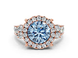 Rose gold Fancy Blue Round  Halo Diamond Engagement Ring with Split Shank and Four-Prong Setting