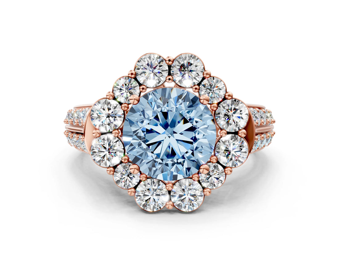Rose gold Fancy Blue Round  Halo Diamond Engagement Ring with Split Shank and Prong Setting_67
