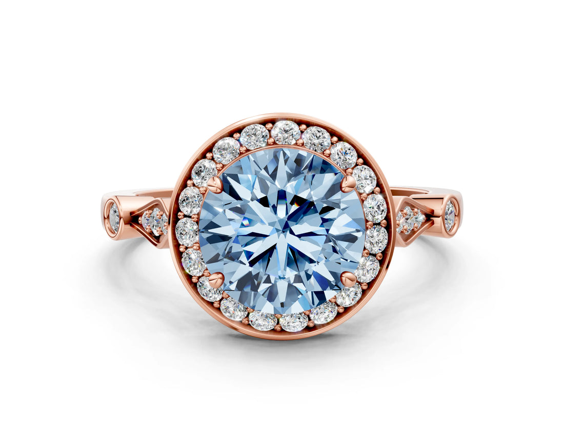 Rose gold Fancy Blue Round  Halo Diamond Engagement Ring with Twisted Band and Four-Prong Setting 1