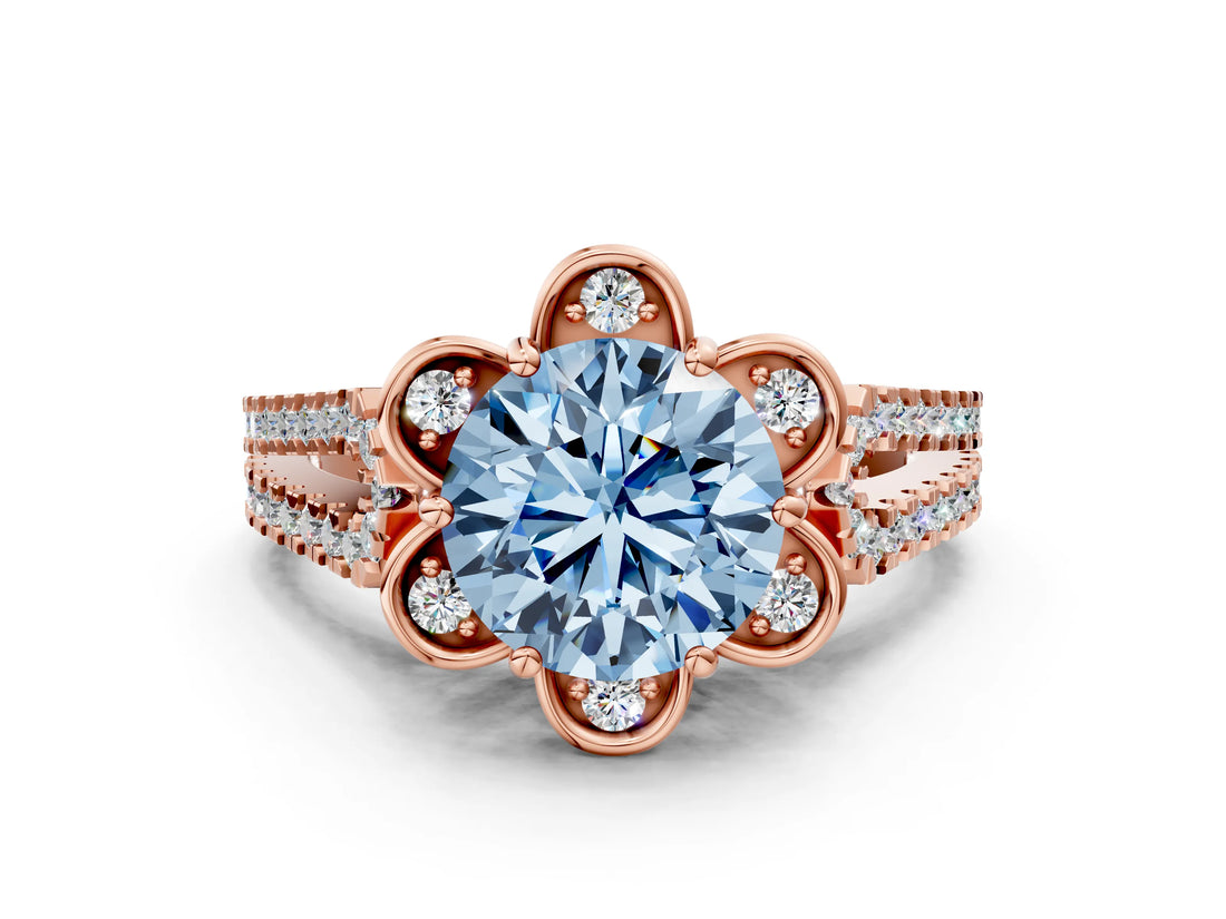 Rose gold Fancy Blue Round  Halo Diamond Floral Split Shank Engagement Ring