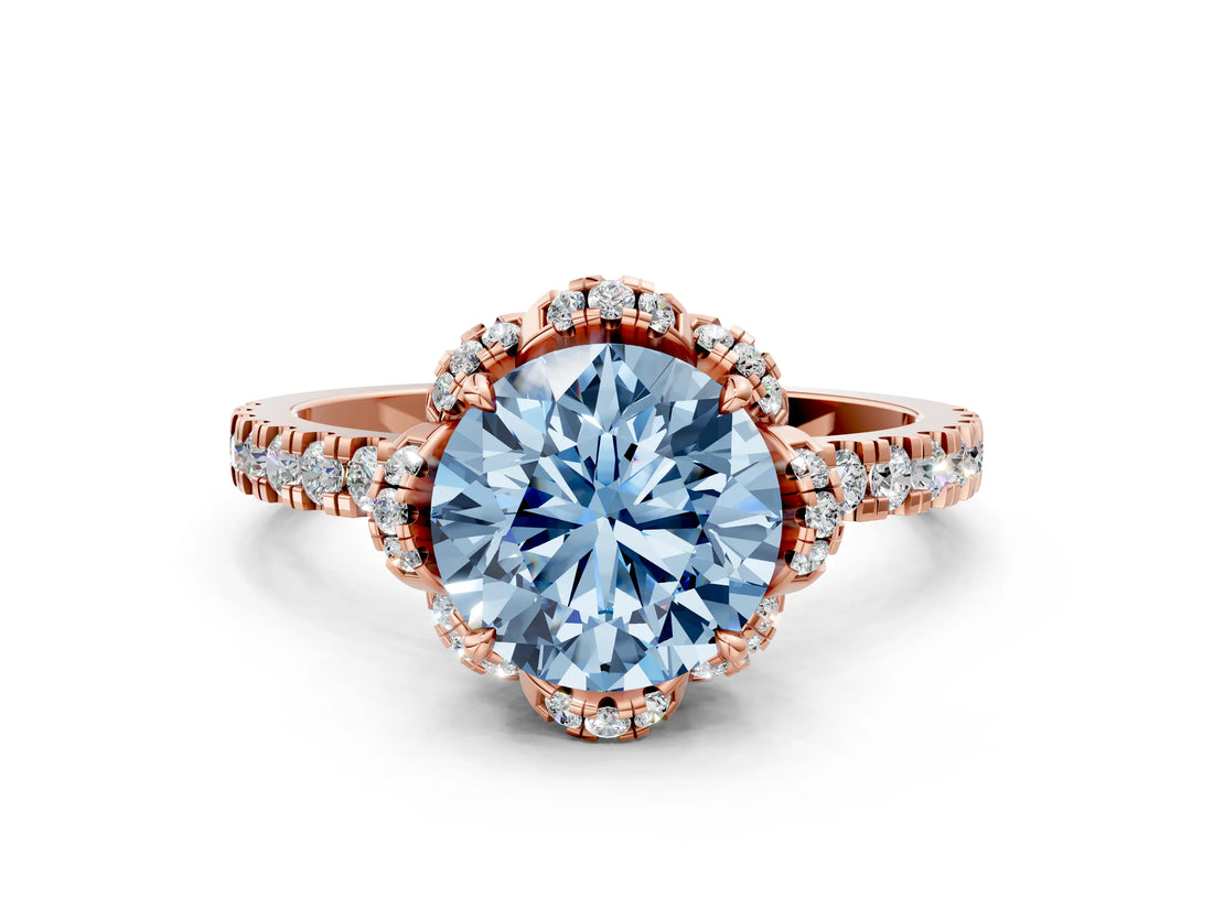 Rose gold Fancy Blue Round  Halo Diamond Pave Band Ring with Four-Prong Setting_15