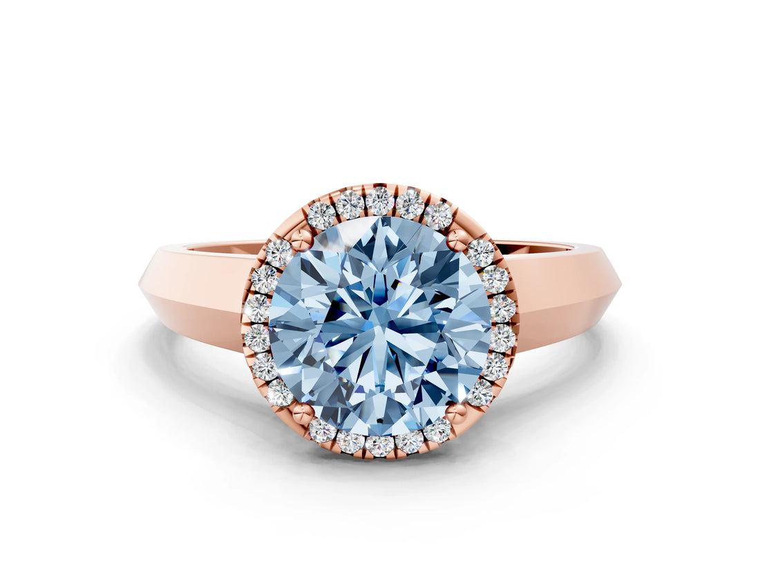 Rose gold Fancy Blue Round  Halo Diamond Ring with Cathedral Band and Four-Prong Setting_49
