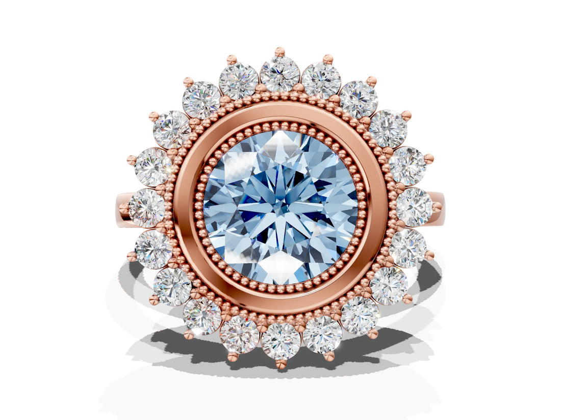 Rose gold Fancy Blue Round  Halo Diamond Ring with Milgrain Edge and Round Prong Setting_26