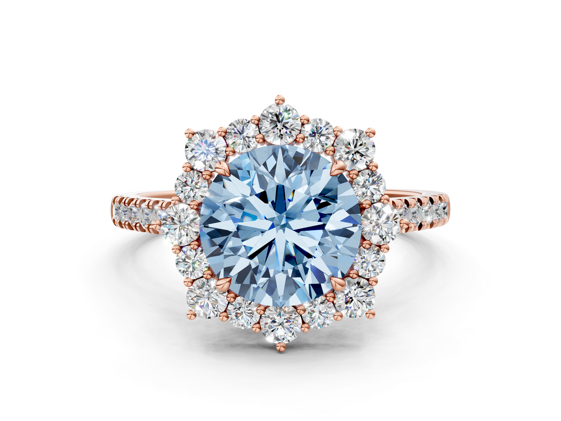 Rose gold Fancy Blue Round  Halo Diamond Ring with Pavé Band and Prong Setting_37