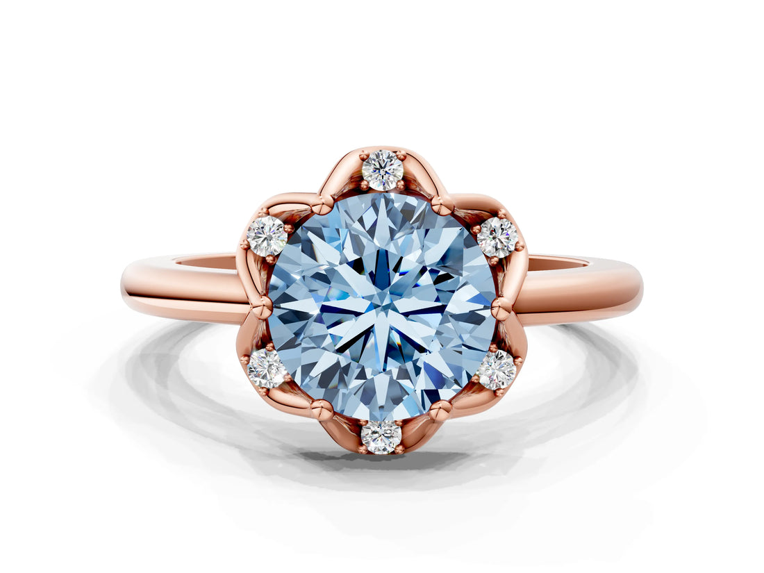Rose gold Fancy Blue Round  Halo Diamond Ring with Round Cluster Setting, Solitaire Band, and Four-Prong Setting_46
