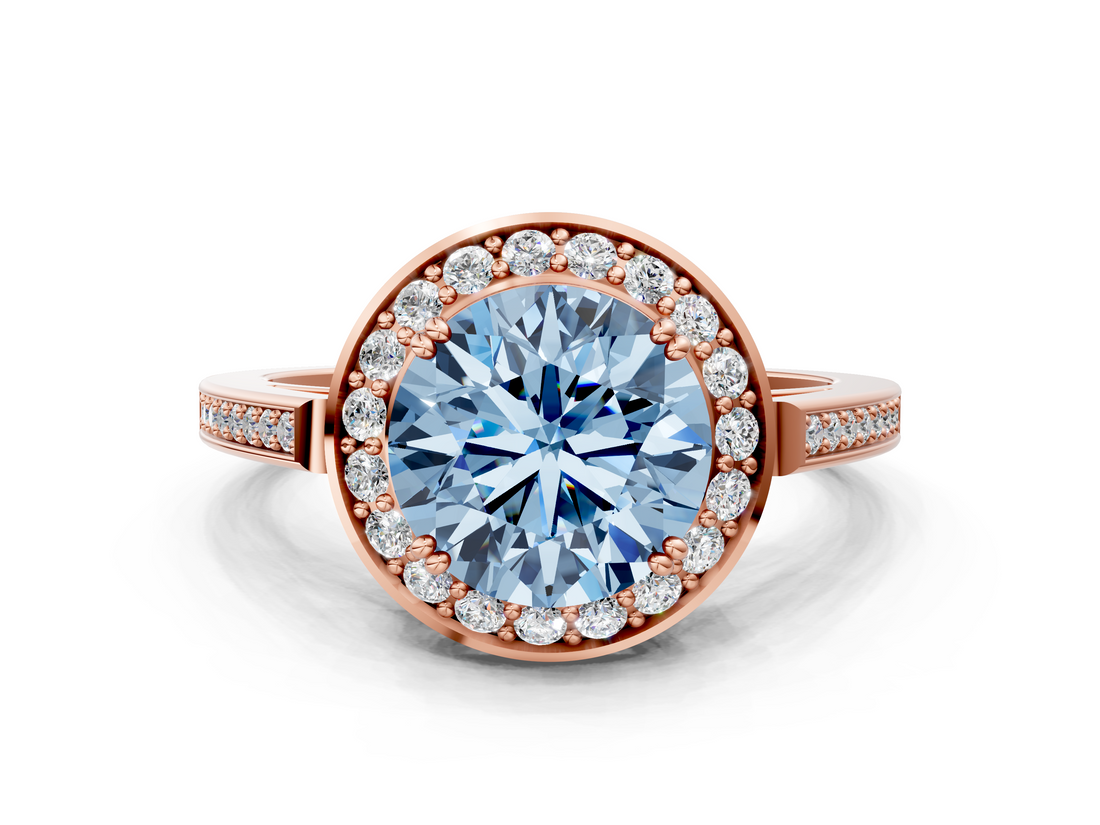 Rose gold Fancy Blue Round  Halo Diamond Ring with Split Shank and Four-Prong Setting_62