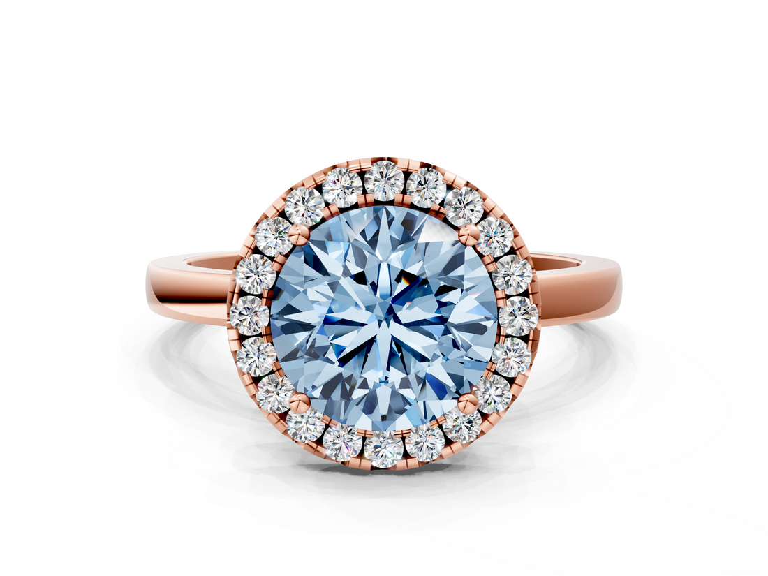 Rose gold Fancy Blue Round  Halo Diamond Solitaire with Pavé Band and Four-Prong Setting_96
