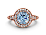 Rose gold Fancy Blue Round  Halo Diamond Split Shank Ring with Milgrain Detail_51