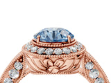 Rose gold Fancy Blue Round  Halo Diamond Split Shank Ring with Milgrain Detail_55