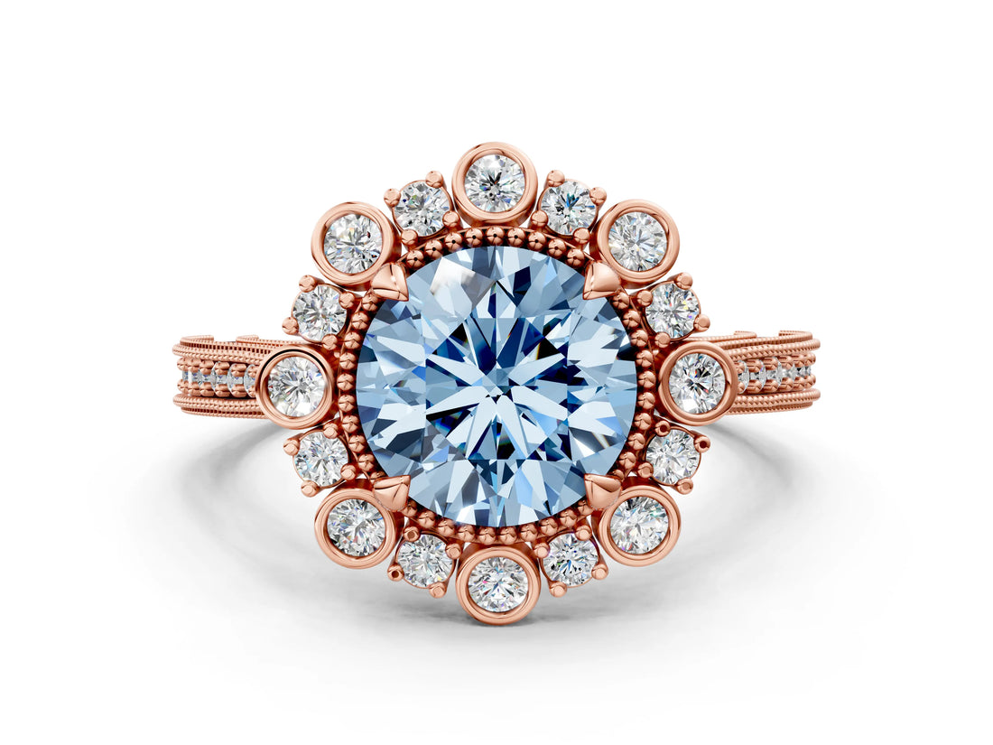 Rose gold Fancy Blue Round  Halo Milgrain Pave Diamond Ring with Four-Prong Setting 1