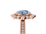 Rose gold Fancy Blue Round  Halo Milgrain Pave Diamond Ring with Four-Prong Setting