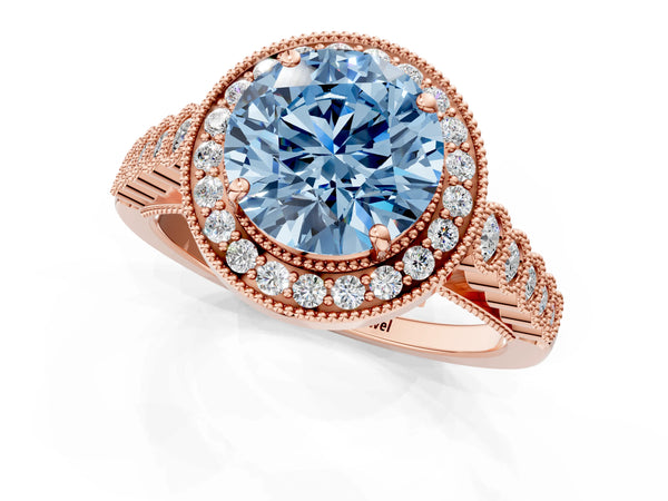 Rose Gold Round Milgrain Halo Engagement Ring Setting for Fancy Blue Center with Graduated Band