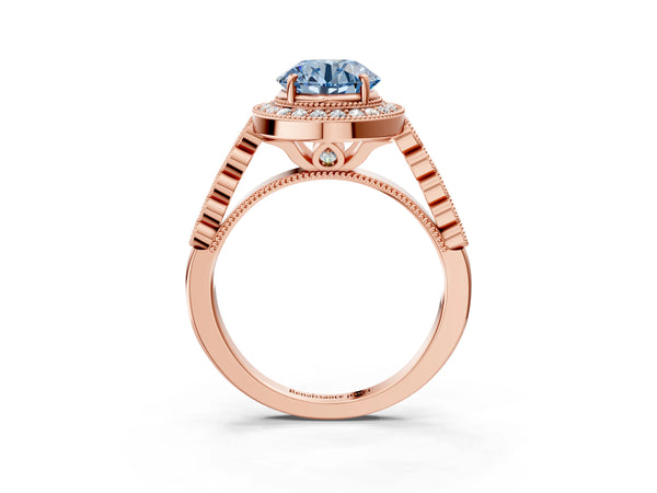 Rose Gold Round Milgrain Halo Engagement Ring Setting for Fancy Blue Center with Graduated Band
