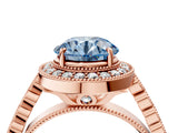 Rose gold Fancy Blue Round  Halo Milgrain Solitaire with Bezel Set Side Stones and Pave Band_36