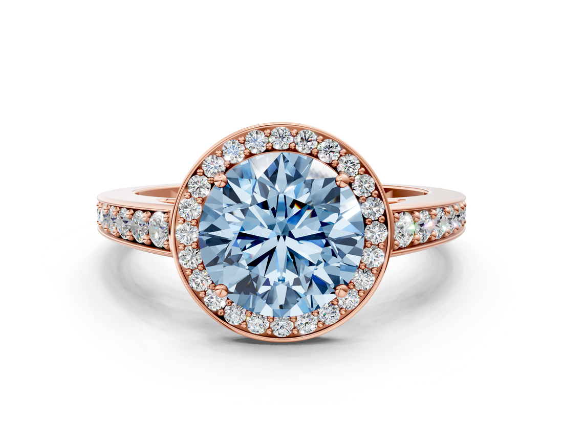 Rose gold Fancy Blue Round  Halo Pavé Diamond Engagement Ring with Bezel Setting_20