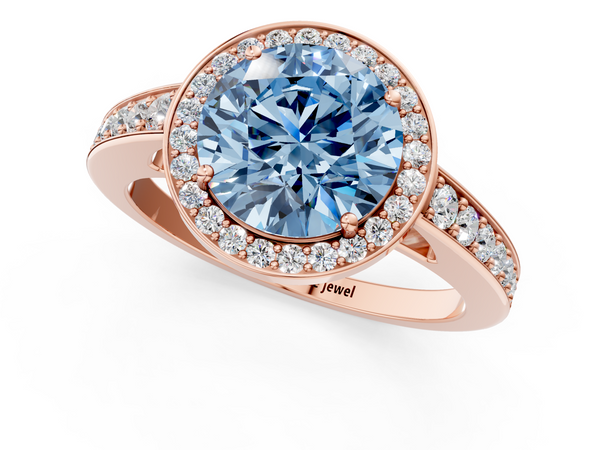 Rose gold Fancy Blue Round  Halo Pavé Diamond Engagement Ring with Bezel Setting