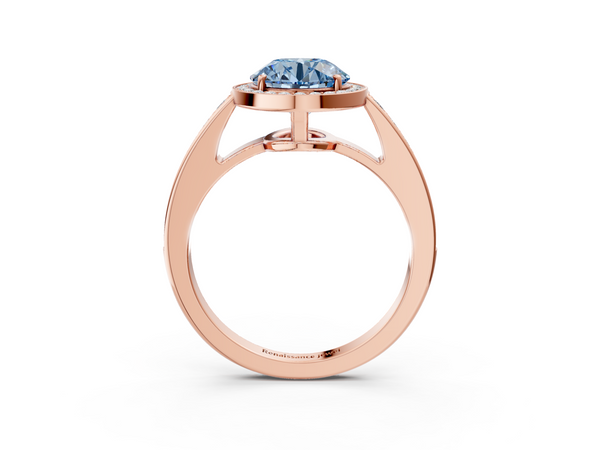Rose gold Fancy Blue Round  Halo Pavé Diamond Engagement Ring with Bezel Setting