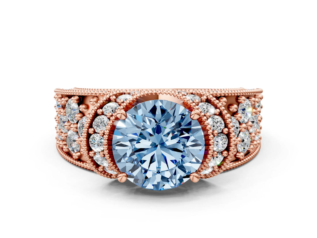 Rose gold Fancy Blue Round  Halo Pave Diamond Engagement Ring with Milgrain Detailing_49