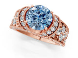 Rose gold Fancy Blue Round  Halo Pave Diamond Engagement Ring with Milgrain Detailing_50
