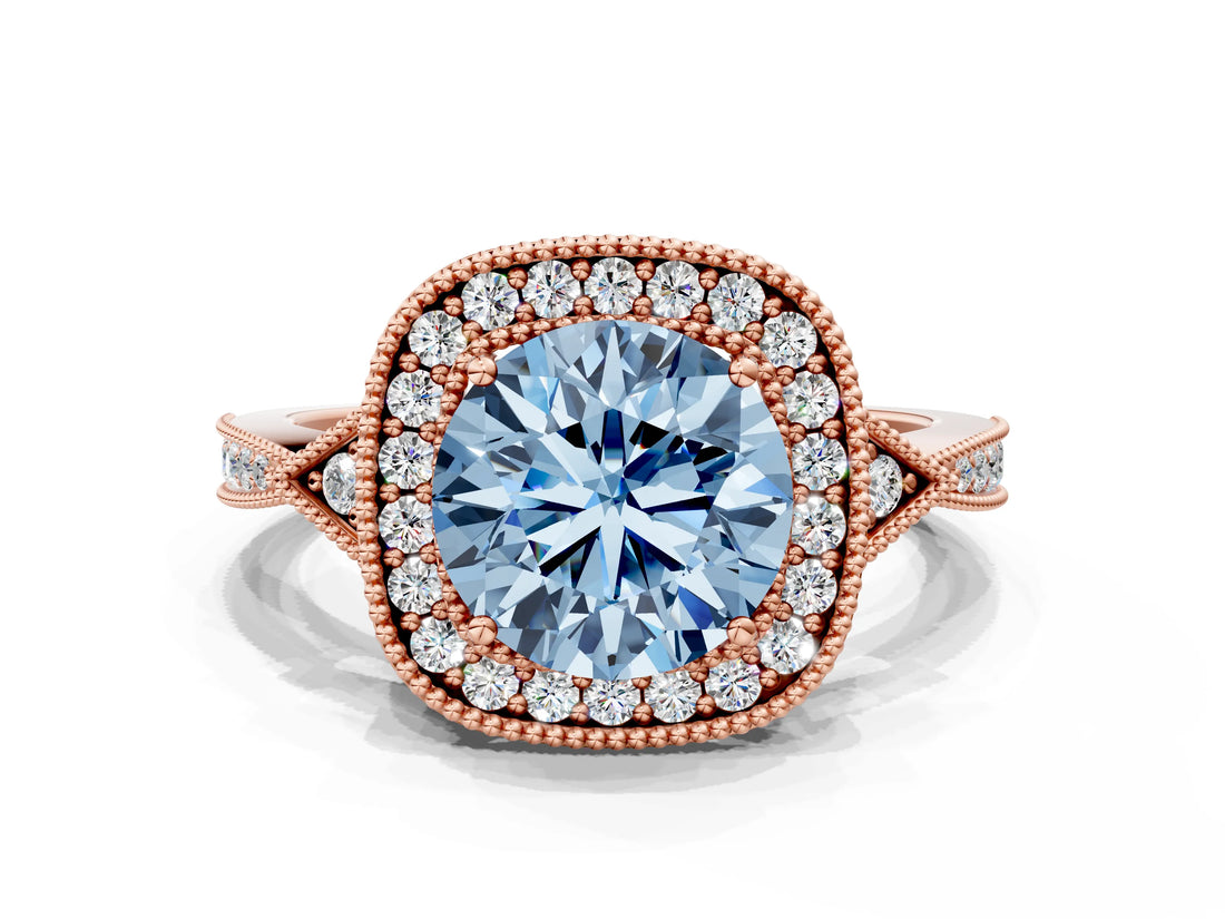Rose gold Fancy Blue Round  Halo Round Diamond Milgrain Pave Engagement Ring_3