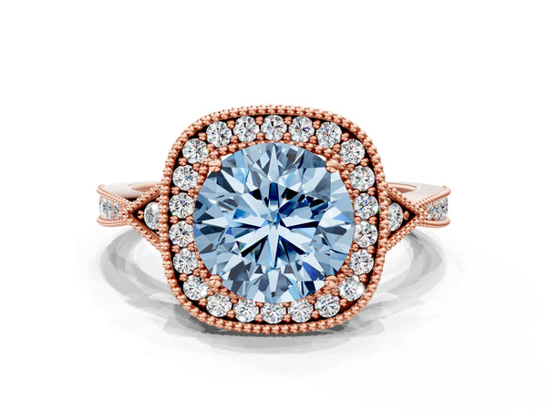 Rose gold Fancy Blue Round  Halo Round Diamond Milgrain Pave Engagement Ring