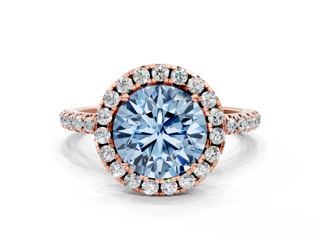 Rose gold Fancy Blue Round  Halo Round Diamond Pavé Band Four-Prong Ring_3