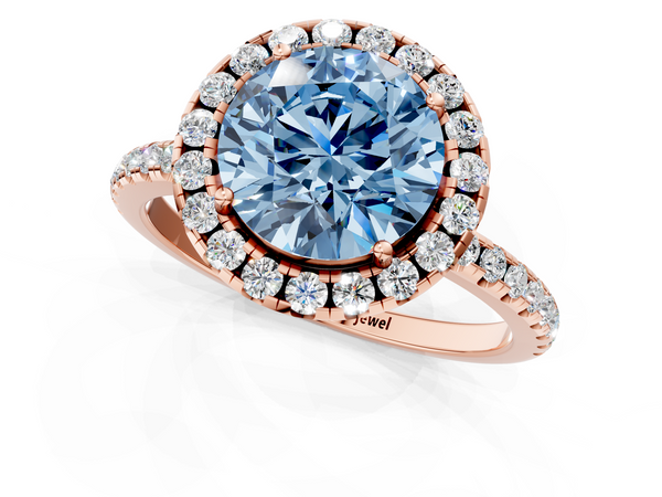 Rose gold Fancy Blue Round  Halo Round Diamond Pavé Band Four-Prong Ring