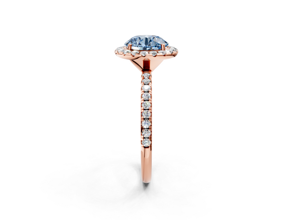 Rose gold Fancy Blue Round  Halo Round Diamond Pavé Band Four-Prong Ring