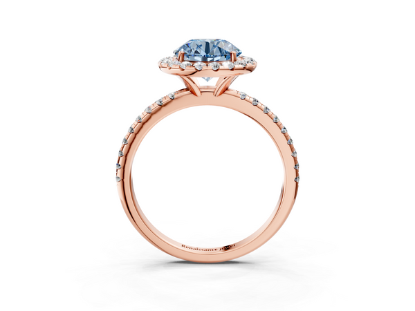 Rose gold Fancy Blue Round  Halo Round Diamond Pavé Band Four-Prong Ring