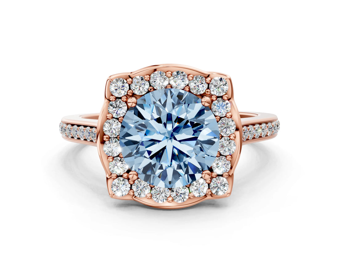 Rose gold Fancy Blue Round  Halo Round Diamond Pave Band with Four-Prong Setting_38