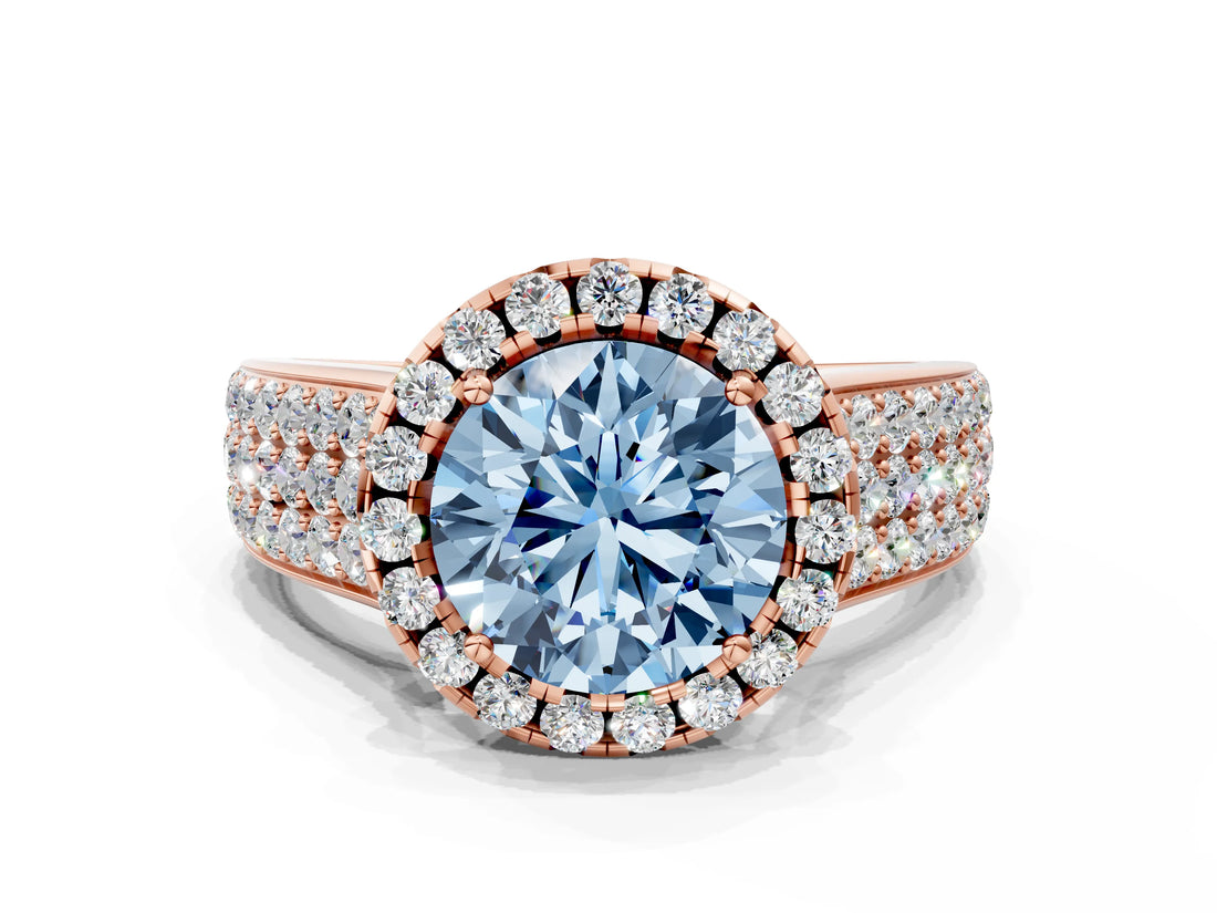 Rose gold Fancy Blue Round  Halo Round Diamond Pave Band with Prong Setting