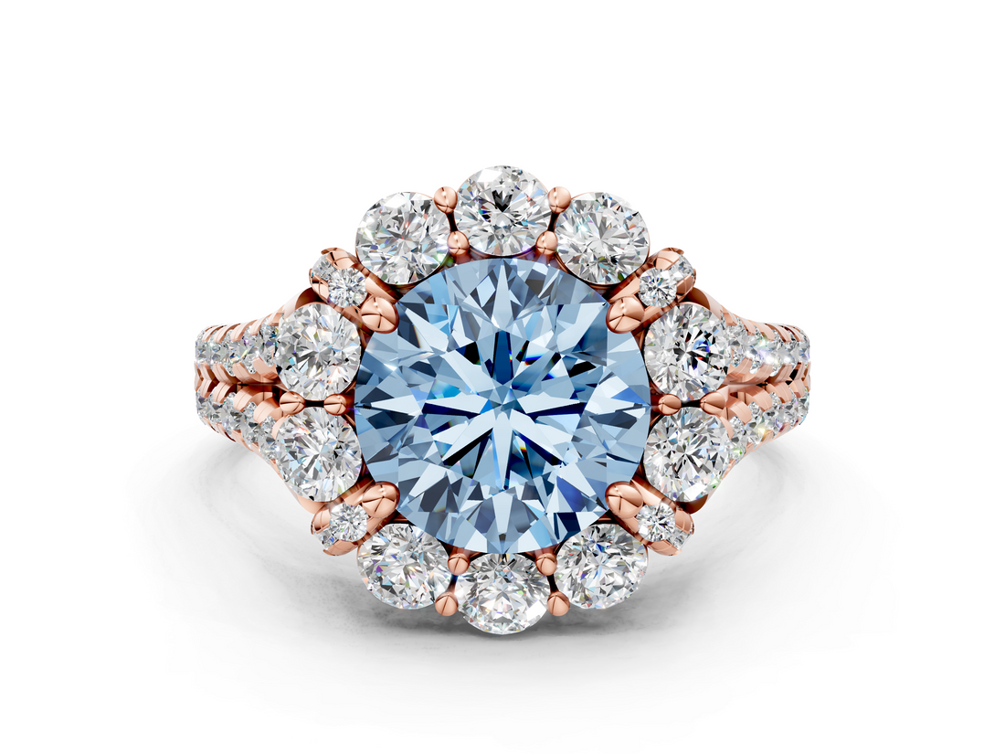 Rose gold Fancy Blue Round  Halo Split Shank Diamond Engagement Ring with Pave Band and Four-Prong Setting_54