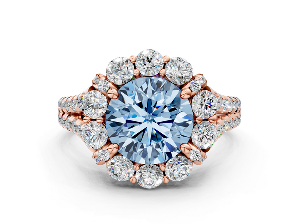 Rose gold Fancy Blue Round  Halo Split Shank Diamond Engagement Ring with Pave Band and Four-Prong Setting