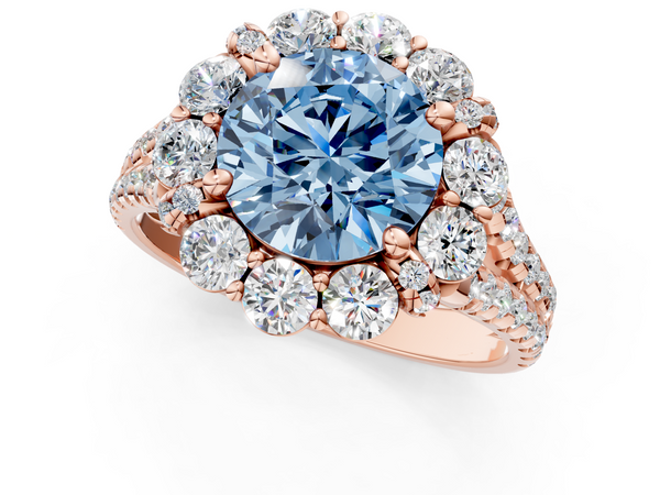 Rose gold Fancy Blue Round  Halo Split Shank Diamond Engagement Ring with Pave Band and Four-Prong Setting