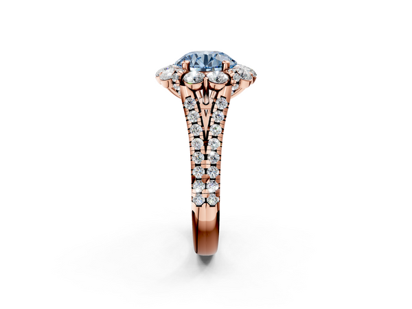 Rose gold Fancy Blue Round  Halo Split Shank Diamond Engagement Ring with Pave Band and Four-Prong Setting