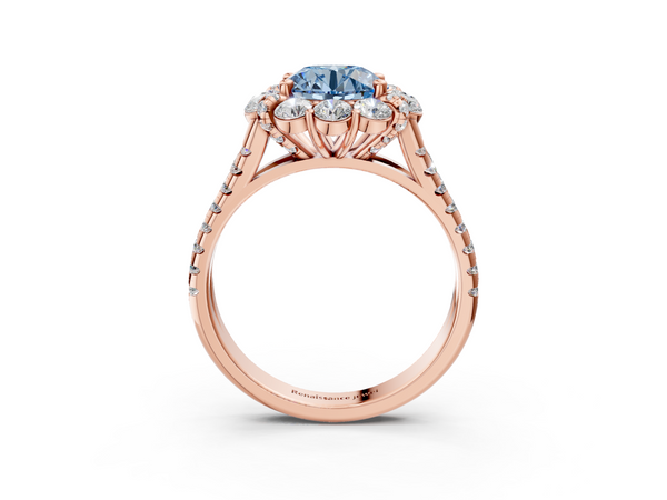 Rose gold Fancy Blue Round  Halo Split Shank Diamond Engagement Ring with Pave Band and Four-Prong Setting
