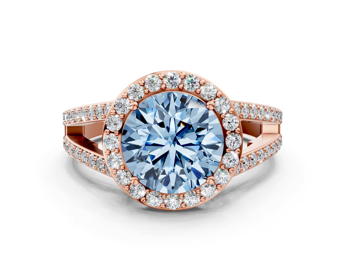 Rose gold Fancy Blue Round  Halo Split Shank Diamond Ring with Four-Prong Setting_32